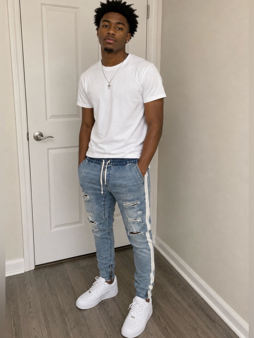 PacSun Distressed Men's Jogger Jeans with White Side Stripe and Ankle Zippers